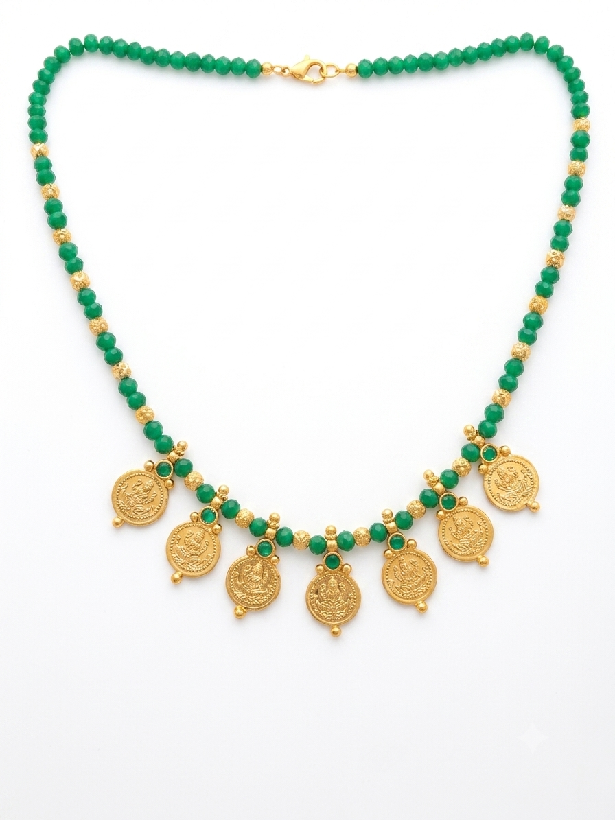 Traditional Goddess Lakshmi Kasu Green Beads Festive Necklace